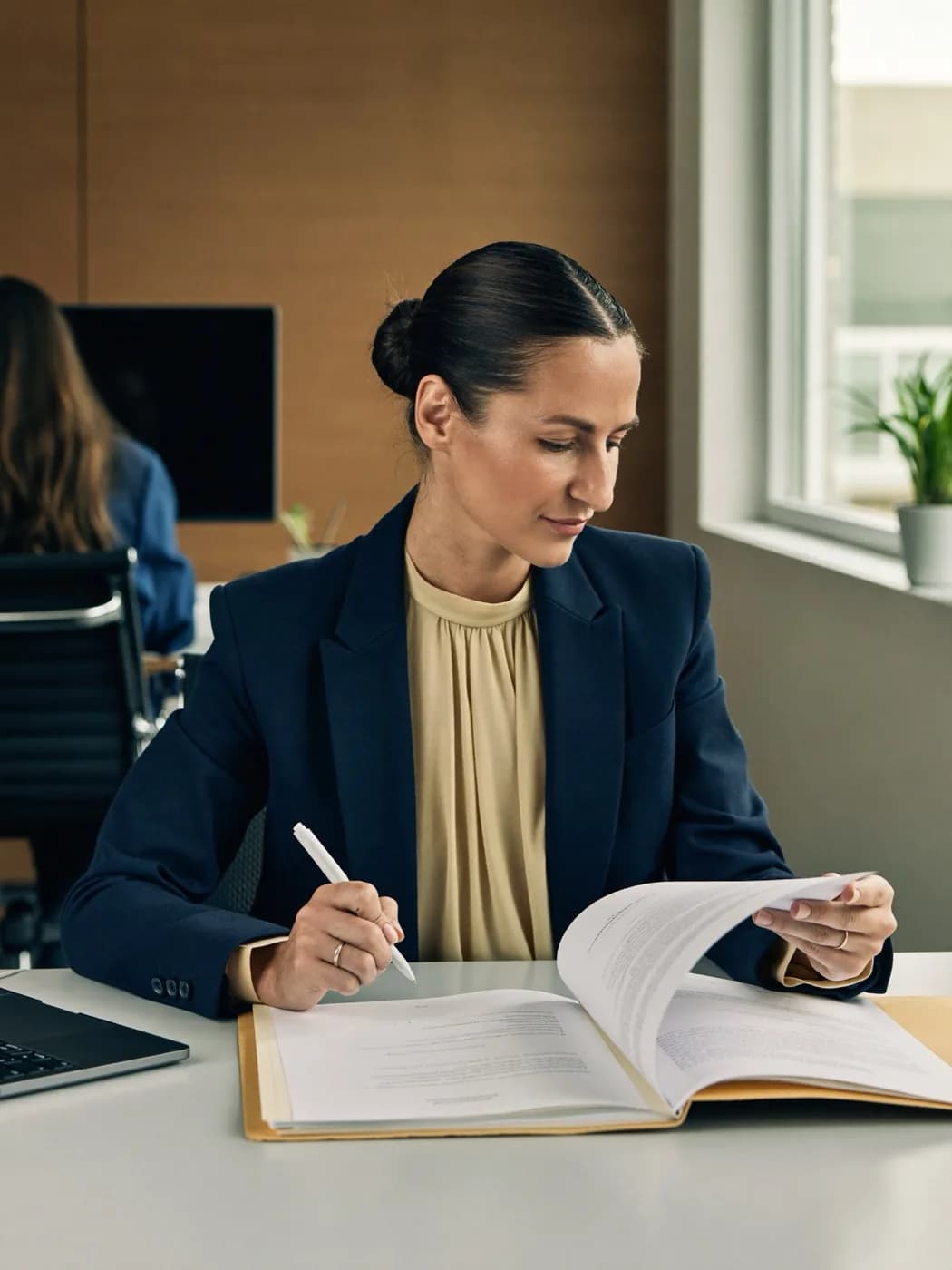 EK CPA professional reviewing a client file at her desk in the Whitby office